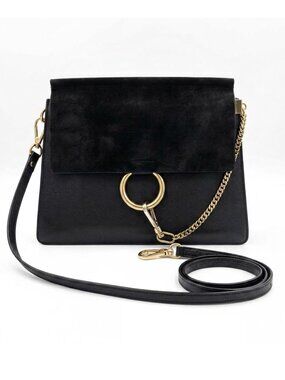 Chloe Faye Leather & Suede Shoulder Bag Black  M